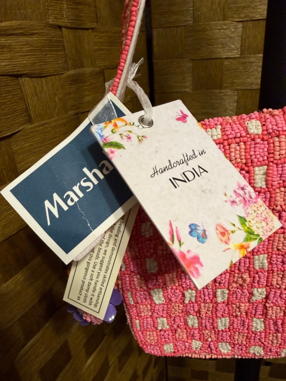Marshalls Pink Woven Shoulder Bag with Purple & Orange Floral Appliqués - Picture 2 of 5